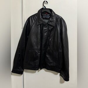 Tommy Hilfiger Black Leather Jacket Men’s XL Removable Herringbone Lining Y2K